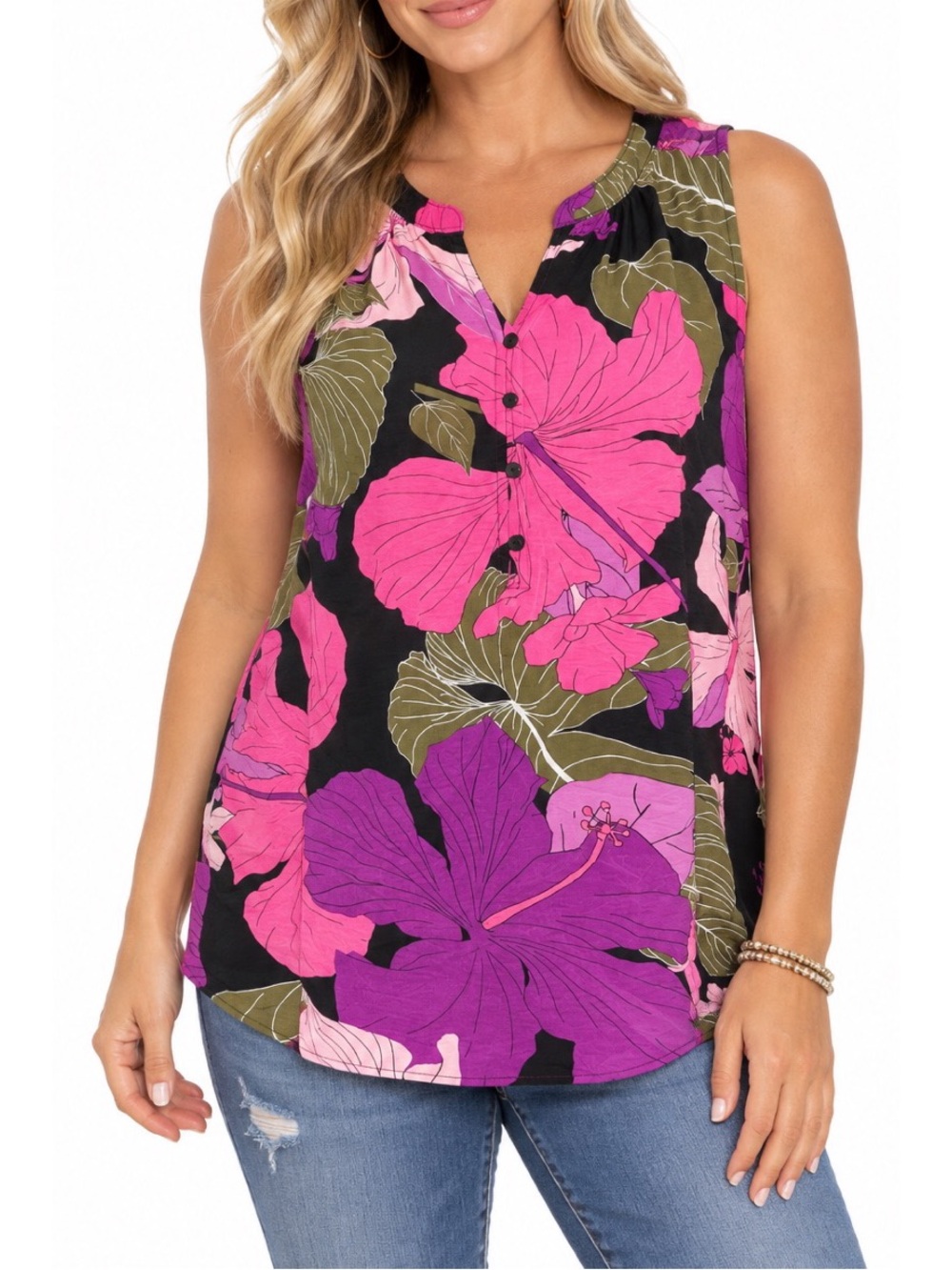 Liz Claiborne sleeveless blouse featuring a bold tropical floral print